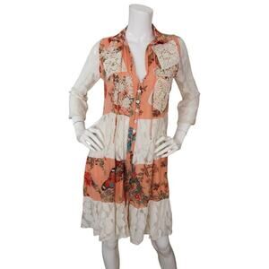 Bubys Italy Tunic Dress Lace Floral Crochet Beaded Tassel Button Front